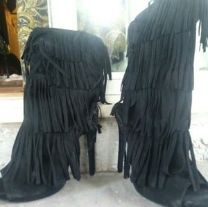 Black fringe high heel boots